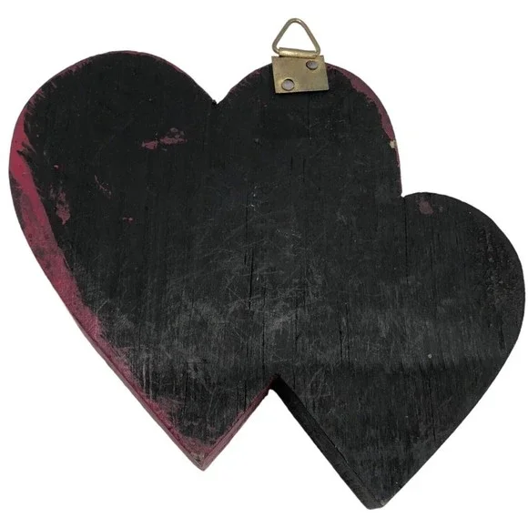 Red & Black Mexican Milagro Wooden Double Heart with Silver Pins Folk Art